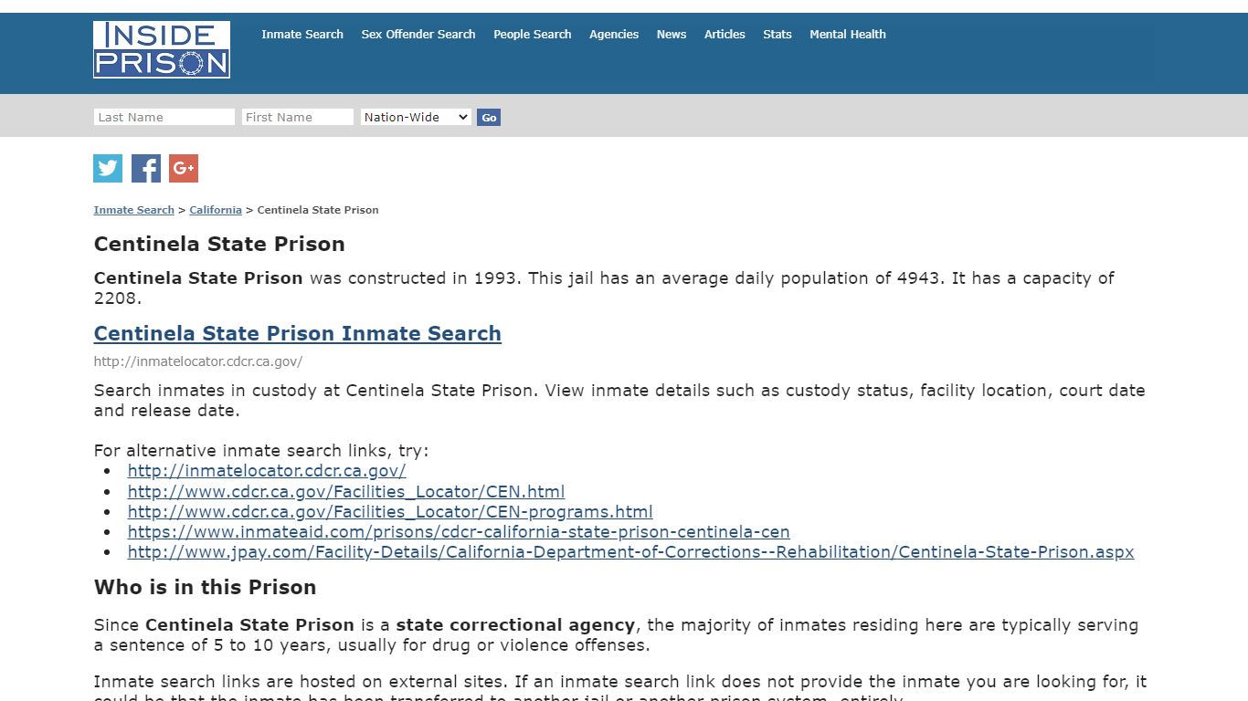 Centinela State Prison - California - Inmate Search